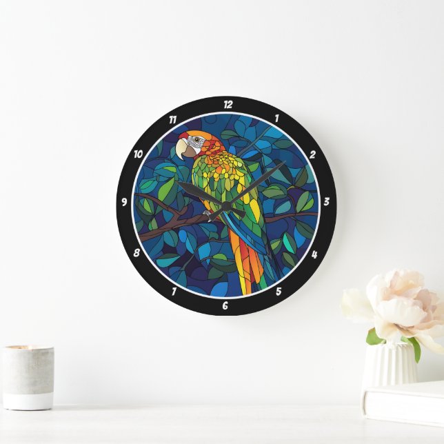 Rainforest Radiance" - Stained Glass Parrot Wall  Large Clock (Home)