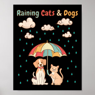 Raining Cats And Dogs Idiom _ Cute Kitty Puppy For Poster