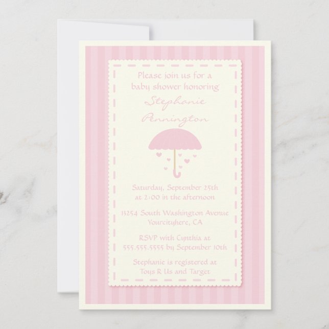 Raining hearts umbrella baby shower invitation (Front)