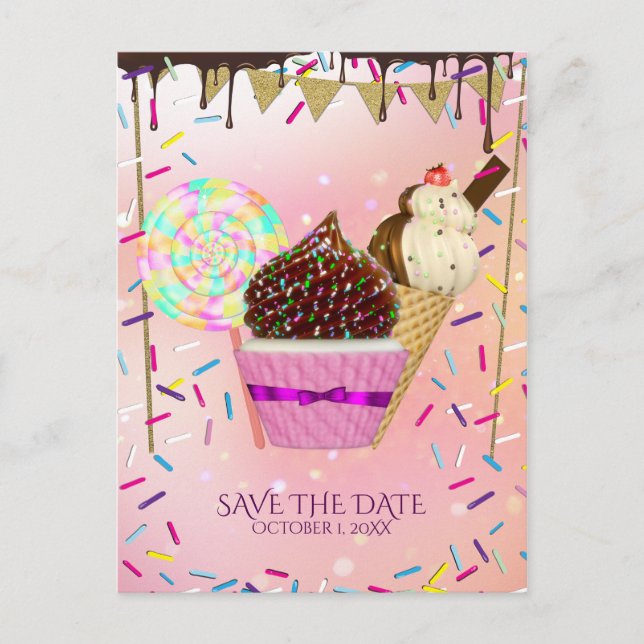 Raining Sprinkles Candy Land Sweets Save The Date Announcement Postcard (Front)