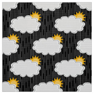 Raining Sunshine Clouds Pattern Design Black Fabric