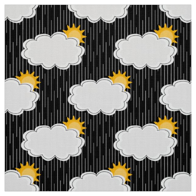 Raining Sunshine Clouds Pattern Design Black  Fabric (Swatch)