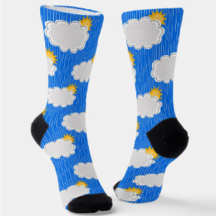 Raining Sunshine Clouds Pattern Design Blue Socks