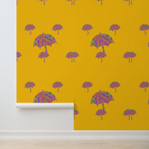 Raining Umbrellas Yellow Wallpaper