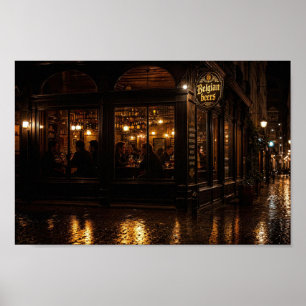 Rainlit Belgian Alehouse Evening Poster