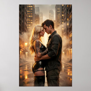 Rainlit City Embrace in Golden Haze Poster