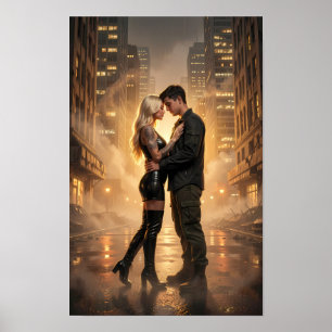 Rainlit Lovers in a Golden Street Poster