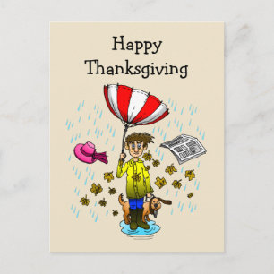 Rainy and Windy Day Happy Thanksgiving Postcard