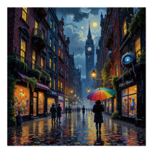 Rainy City Night Walk – Reflections & Umbrella Art Poster