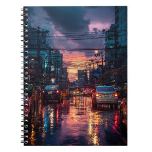 Rainy City Street Neon Sunset Notebook