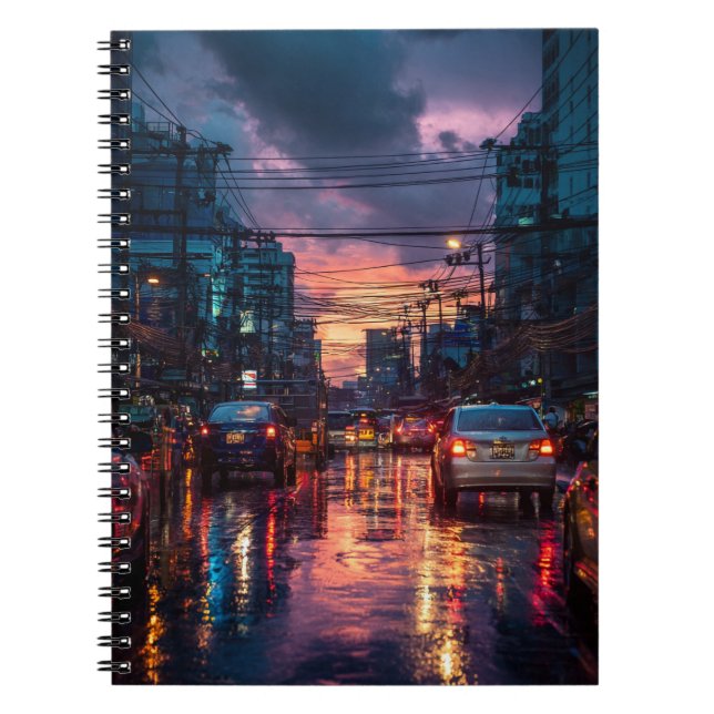 Rainy City Street Neon Sunset Notebook (Front)