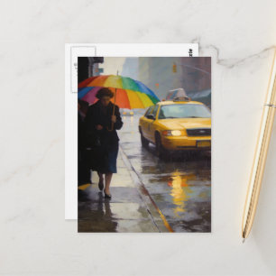 Rainy Day Abstract Woman A Rainbow Umbrella Taxi Postcard