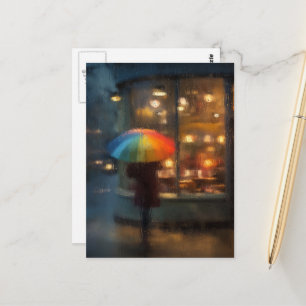 Rainy Day Abstract Woman With Rainbow Umbrella Postcard