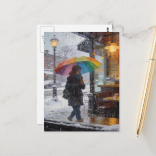 Rainy Day Abstract Woman With Umbrella Window Postcard