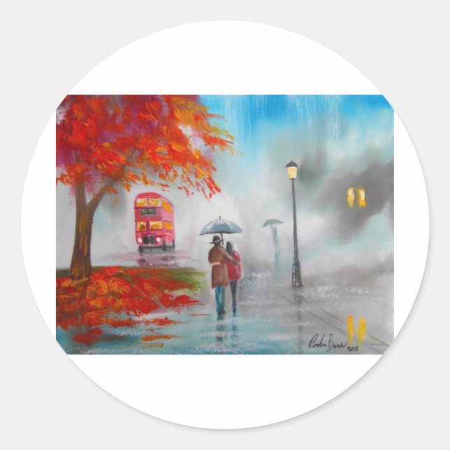 Rainy day autumn red bus umbrella painting classic round sticker (Front)
