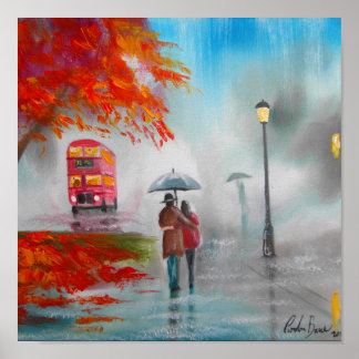 Rainy day autumn red bus umbrella painting poster