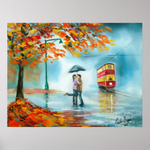 Rainy day autumn red tram umbrella romantic poster