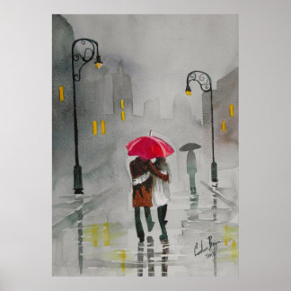 Rainy day autumn red umbrella romantic couple poster