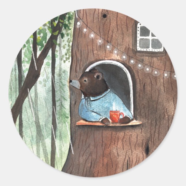 Rainy Day Bear Daydream Tea Time Illustration    Classic Round Sticker (Front)