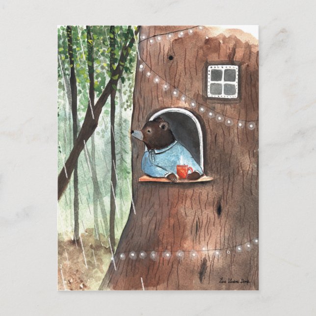 Rainy Day Bear Daydream Tea Time Illustration   Postcard (Front)