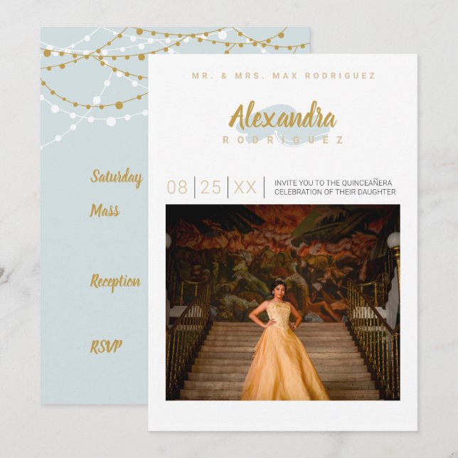 Rainy Day Blue & Gold Photo Quinceanera Invitation (Front/Back)
