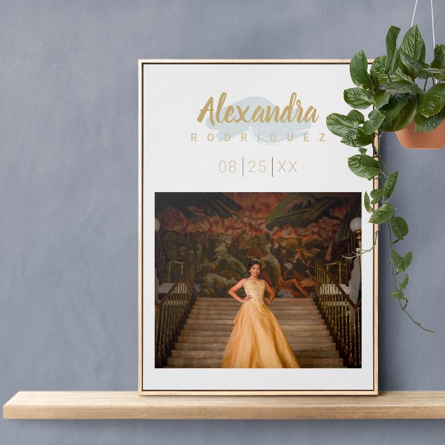 Rainy Day Blue & Gold Photo Quinceanera  Poster (Creator Uploaded)