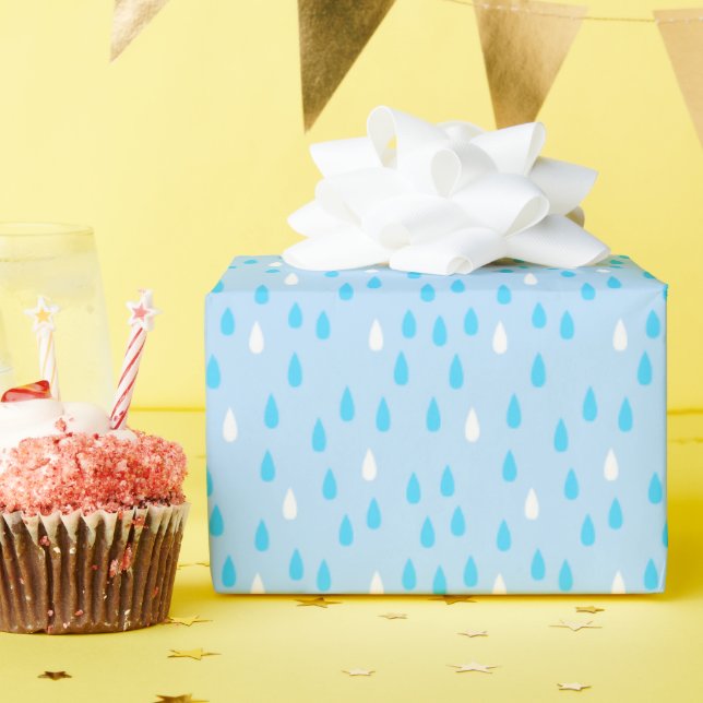 Rainy Day Blues Raindrops Rain Blue White Pattern Wrapping Paper (Birthday Party)