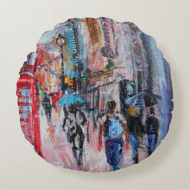 Rainy Day Carnaby Street Round Cushion (Front)