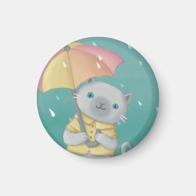 Rainy Day: Cat & Umbrella Illustration Magnet (Front)