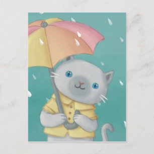 Rainy Day: Cat & Umbrella Illustration Postcard