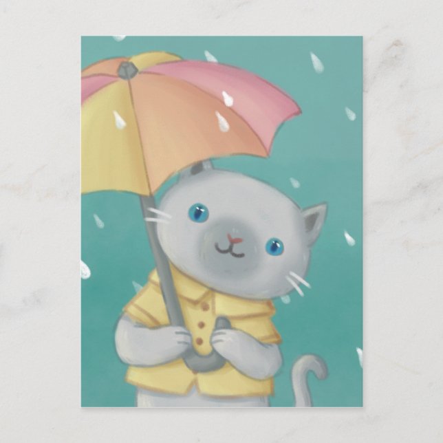 Rainy Day: Cat & Umbrella Illustration Postcard (Front)