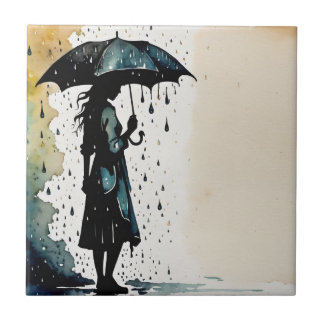 Rainy Day Elegance - Woman in the Rain Ceramic Tile