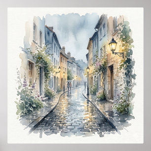 Rainy Day European Cobblestone Street Watercolor Foil Prints