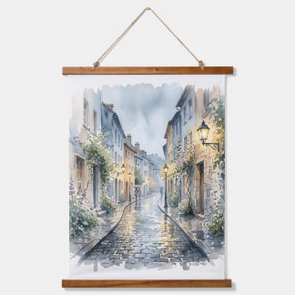 Rainy Day European Cobblestone Street Watercolor Hanging Tapestry