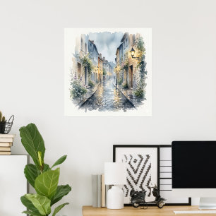 Rainy Day European Cobblestone Street Watercolor Poster