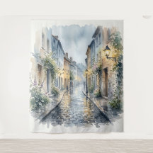 Rainy Day European Cobblestone Street Watercolor