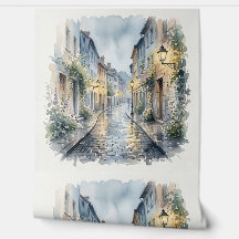 Rainy Day European Cobblestone Street Watercolor