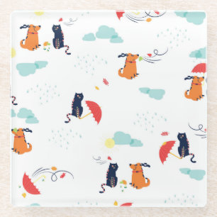 Rainy Day Friends: Cat Dog Vintage Glass Coaster