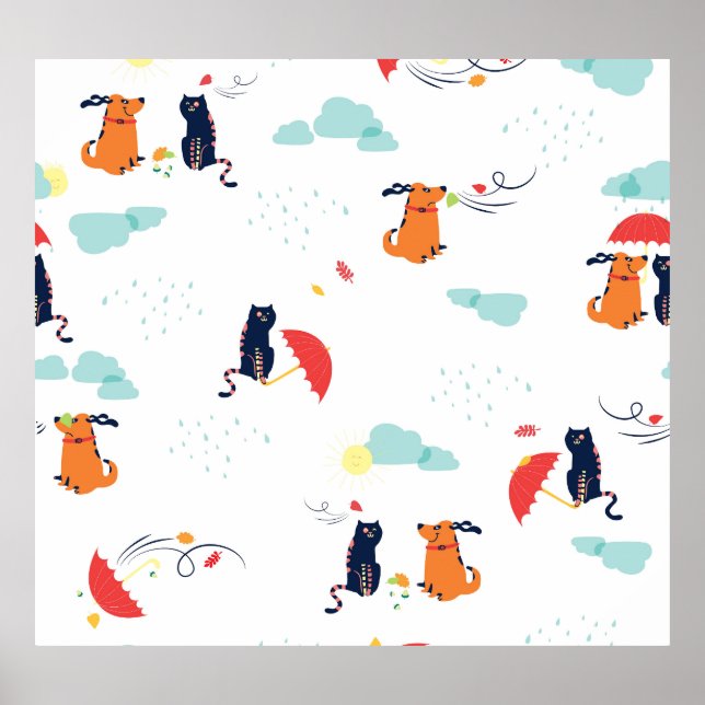 Rainy Day Friends: Cat Dog Vintage Poster (Front)