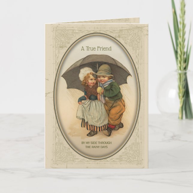 Rainy Day Friends Vintage Illustration Card (Front)
