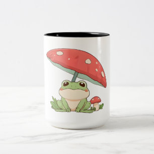 Rainy Day Frog Under Mushroom Kawaii Design Two-Tone Coffee Mug