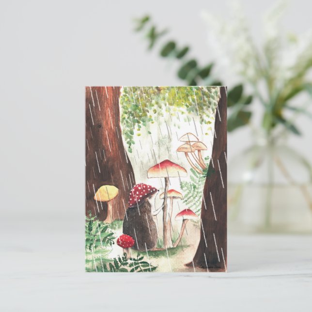 Rainy Day Hedgehog And Toadstool Illustration Cute Postcard (Standing Front)