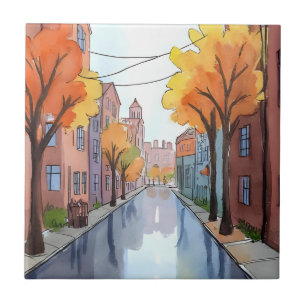 Rainy Day in Boston Watercolor Painting MA Art Ceramic Tile