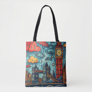 Rainy Day in London, Colorful Doodle Illustration Tote Bag