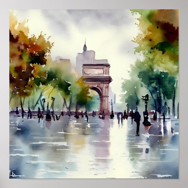 Rainy Day in Washington Square Park Watercolor Art Poster (Front)