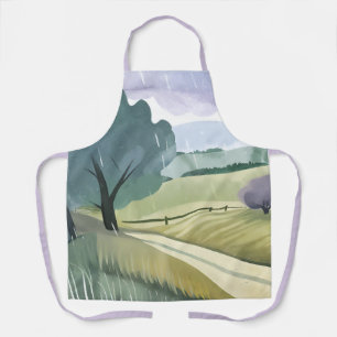 Rainy Day Nature Watercolor Hills Landscape Apron