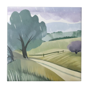 Rainy Day Nature Watercolor Hills Landscape Ceramic Tile