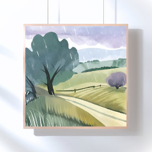 Rainy Day   Nature Watercolor Hills Landscape  Poster