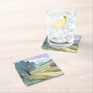 Rainy Day Nature Watercolor Hills Landscape Square Paper Coaster