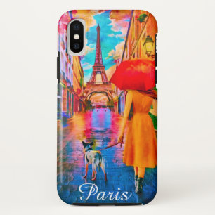 Rainy Day Paris With Eiffel tower girl & Dog iPhone X Case